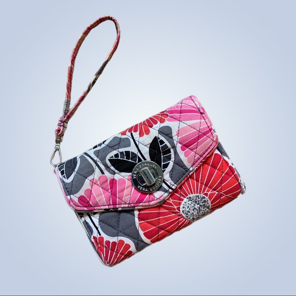 VERA BRADLEY Wallet Wristlet Cheery Blossoms Turn Lock Envelope Gray Red Pink